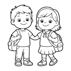 Children Black Outline Holding School Bag, Line art vector clip art illustration .kids coloring page drawings 