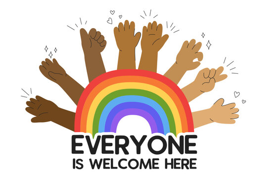 Everyone is welcome here LGBT sticker. All Are Welcome Here. LGBT safe space Rainbow Poster. Message of kindness, equality, respect and belonging. Promoting pride, diversity and inclusion