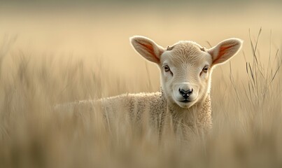 A charming lamb gazes sweetly from tall grass, showcasing its gentle nature and peaceful surroundings.