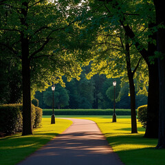 Obraz premium Sunlit path in a park before sunset