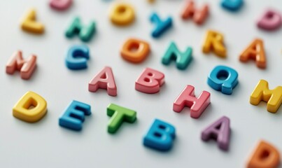 Brightly colored alphabet magnets scattered playfully on a white surface, great for learning and education.