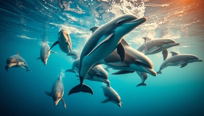 A pod of dolphins playfully swims in the ocean's depths, sunlight filtering through the water's surface creating a breathtaking underwater scene.