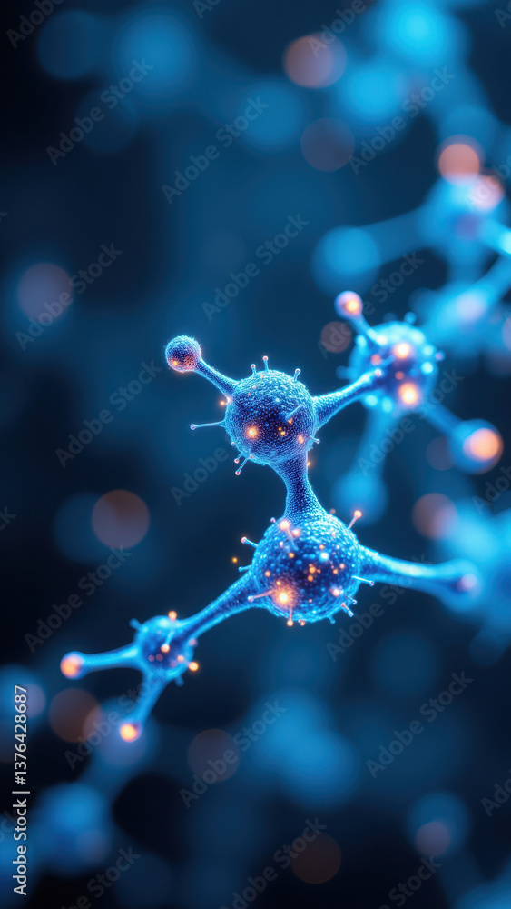 Poster a vibrant depiction of a glp-1 molecule with its unique structure illuminated by blue hues.