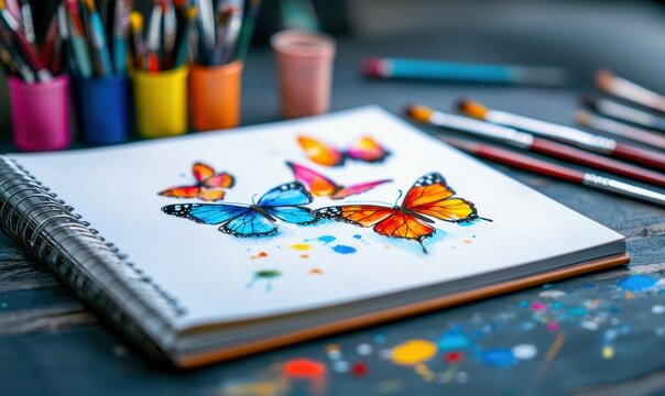 Colorful butterflies painted in watercolor adorn an open sketchbook, surrounded by an artist's tools.