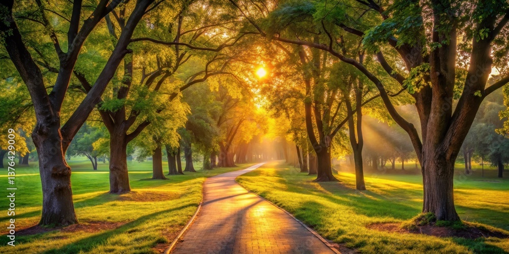 Poster golden hour pathway through a lush green park with sunbeams illuminating the foliage and path