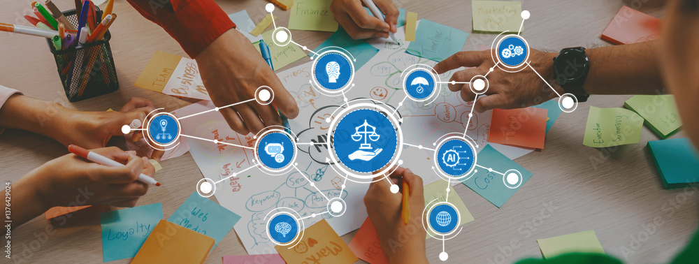 Aufkleber a dynamic workspace image depicting hands engaging in a collaborative session focused on ethics, fea