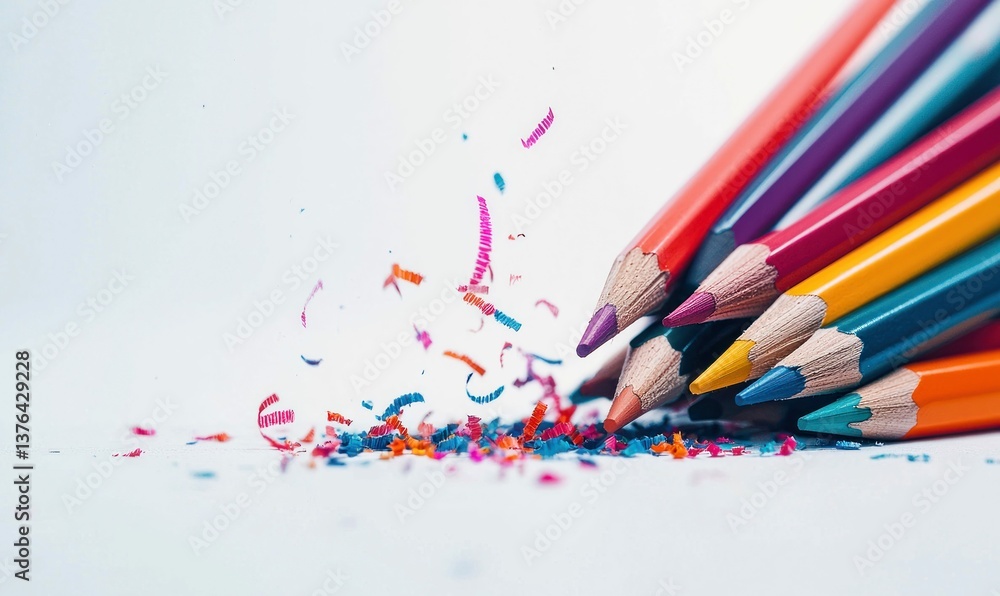 Poster a vibrant array of sharpened colored pencils with colorful shavings creates a dynamic and creative s