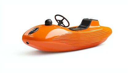 Vibrant orange toy boat with steering wheel against white isolated background.