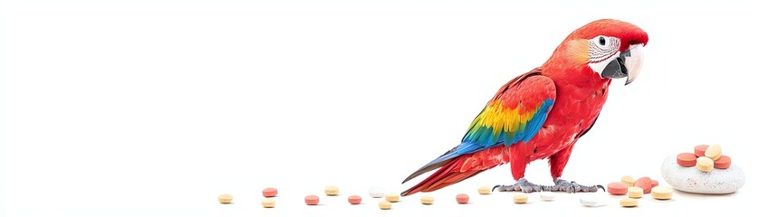 Obraz premium Vibrant parrot perched with colorful feathers, white isolated background.