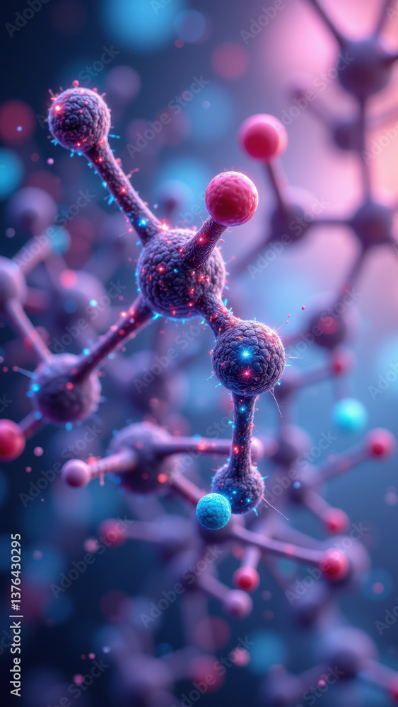 Poster high-resolution digital rendering of a glp1 molecule with colorful spheres representing atoms agains