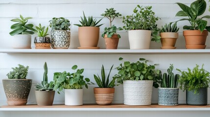 Fototapeta premium Serene Shelf Garden: Various potted plants are thoughtfully arranged on shelves, evoking a sense of tranquility and harmony with nature.