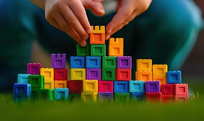 Naklejka premium A child is carefully constructing a vibrant castle from colorful toy blocks on green grass.