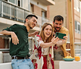 woman man selfie photo friend youth young party friendship fun smartphone happy outdoor group drink lifestyle summer together terrace leisure