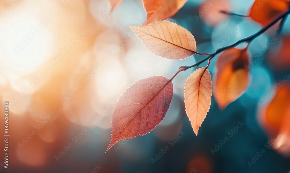Poster beautiful autumn leaves on a branch display vibrant colors and create a dreamy bokeh background.