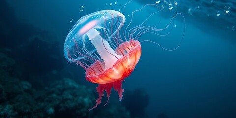 A mesmerizing view of a vibrant jellyfish gracefully drifting in the deep ocean, its translucent bell and delicate tentacles creating an ethereal underwater scene.