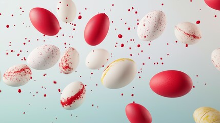 Vibrant Easter eggs floating in the air surrounded by splashes of red color. Easter celebration concept. 