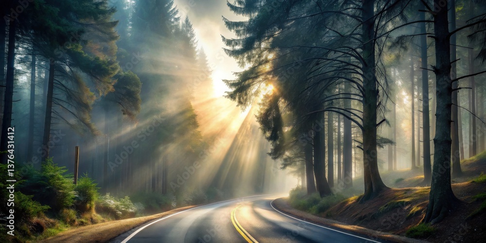Poster sunbeams illuminate a misty forest road's gentle curve through tall trees