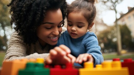 A mother and child play together with building blocks outside
