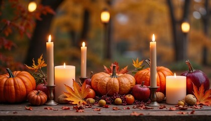 Rustic Autumn Candles and Pumpkins Still Life