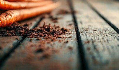 Freshly dug carrots resting on a rustic wooden table exhibit their earthy texture and vibrant color.