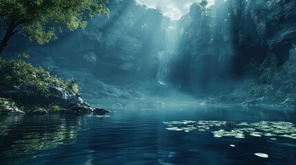 Naklejka premium A serene image depicts a waterfall in a peaceful forest setting