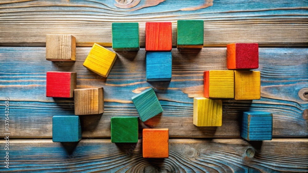 Poster Colorful Wooden Cubes Arranged on Rustic Wooden Surface A Conceptual Image Representing Creativity, Problem-Solving, and Design Thinking