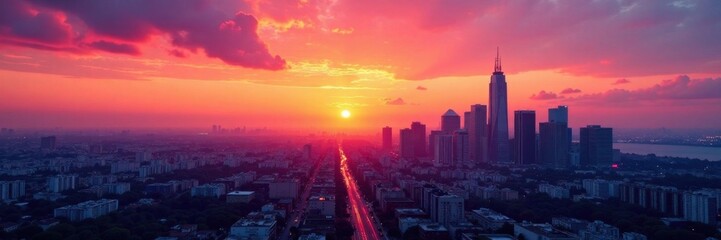 Fototapeta premium Cityscape at sunset with gradient texture of buildings and sky, architecture, cityscape, nighttime
