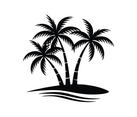 Simple Black Silhouette of Tropical Palm Trees. three palm trees on a small island with white background.