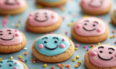 A collection of cheerful smiley face cookies, with pink and blue icing, scattered with colorful sprinkles.