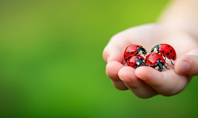 A child's gentle hand cradles four vibrant red ladybugs, each a tiny beacon of nature's beauty.