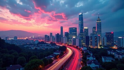Fototapeta premium Cityscape with skyscrapers at dusk, neon lights, cityscape, skyscraper