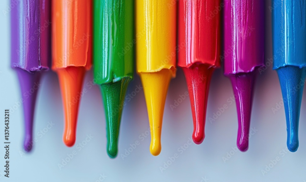 Poster a mesmerizing close-up of vividly colored paint droplets in a rainbow array against white.