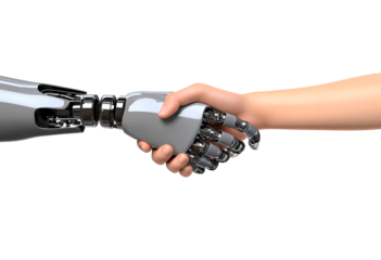 Human cyborg handshake bridging humanity, robotic partnership with artificial intelligence isolated on transparent background