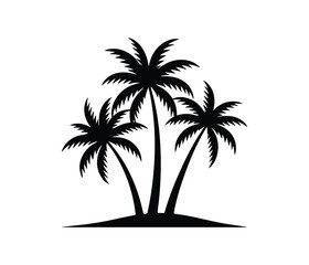 Simple Black Silhouette of Tropical Palm Trees. three palm trees on a small island with white background.