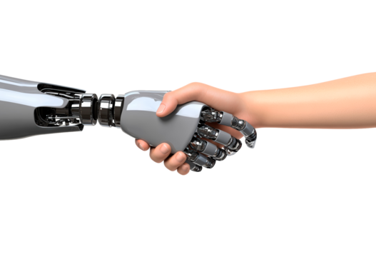 Human cyborg handshake bridging humanity, robotic partnership with artificial intelligence isolated on transparent background