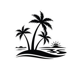 Simple Black Silhouette of Tropical Palm Trees. three palm trees on a small island with white background.