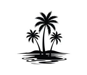 Obraz premium Simple Black Silhouette of Tropical Palm Trees. three palm trees on a small island with white background.