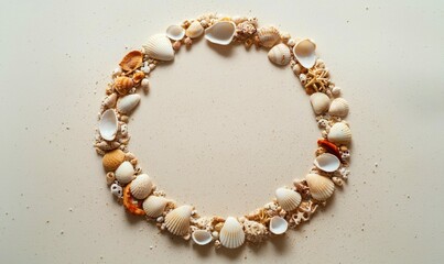 A beautiful circle of seashells and corals creates a beach-themed frame with space for text.
