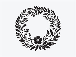Elegant Floral Wreath Silhouette with Delicate Leaves and Blooming Flowers