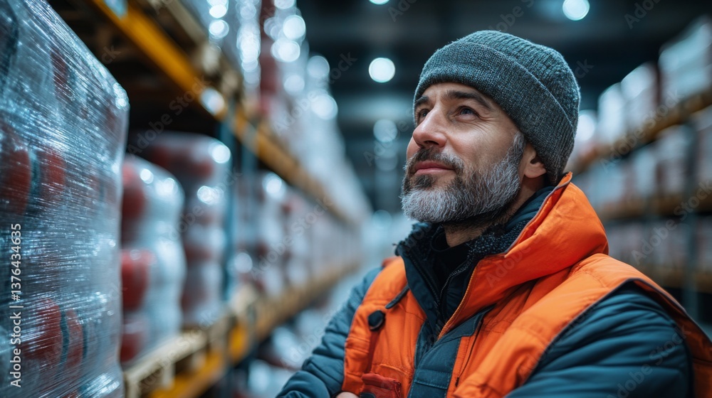 Aufkleber a logistics specialist wearing warm gear examines the inventory within a bustling warehouse, contemp
