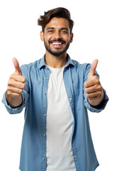 Homem indiano sorrindo fazendo sinal de positivo com dedão joinha thumbs up em fundo transparente