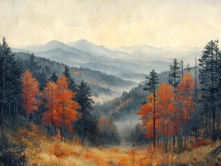 Autumn scenic view of rolling hills and trees mountain range landscape calm environment natural beauty