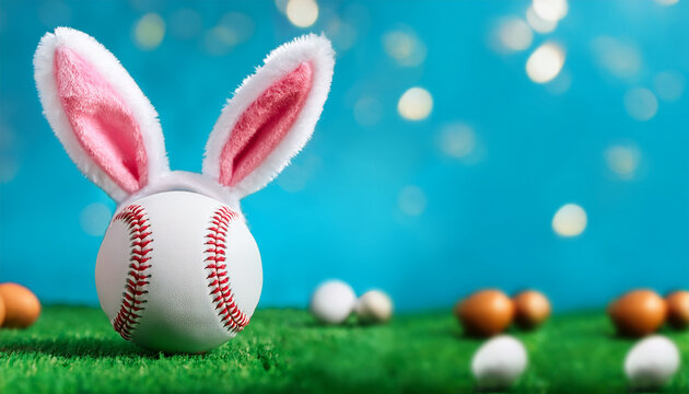 A baseball ball wearing bunny ears sits among Easter eggs, easter baseball backtround, ready for a spring sports celebration