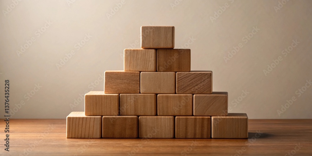 Poster wooden blocks arranged in a pyramid shape on a table against a neutral background representing growt