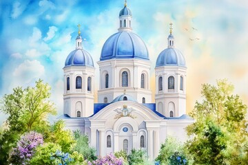 Fototapeta premium A soft watercolor painting of CzÄ™stochowa skyline, with the monastery towers rising above the town