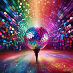 A dazzling disco ball reflects vibrant, colorful lights, creating an exciting party atmosphere
