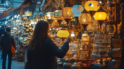 Fototapeta premium Istanbul / Turkey; Souvenir store in big bazaar, people observing traditional lamps in the shop