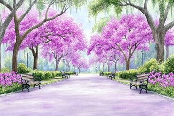 A soft watercolor painting of a Savannah square, with pink azaleas in bloom and park benches under shaded trees