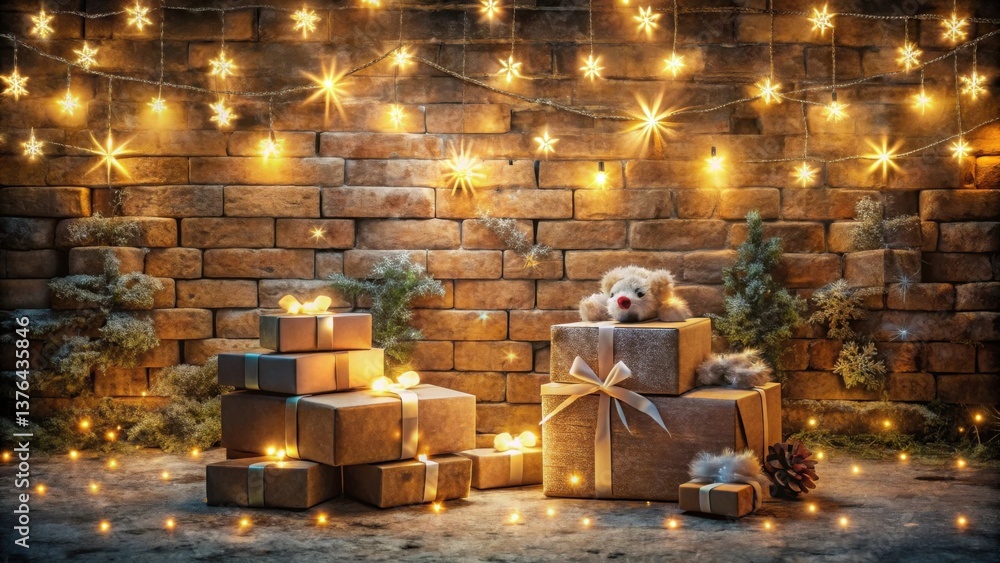 Aufkleber a festive scene of wrapped gifts and a plush toy bear adorned with sparkling lights against a rustic