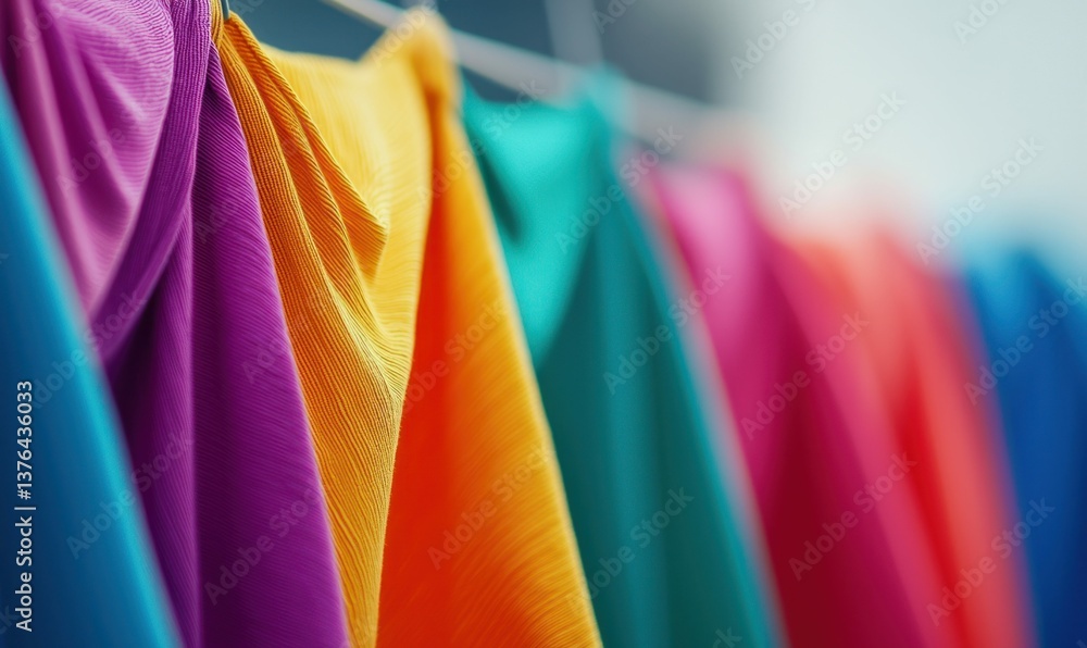 Poster a vibrant array of colorful fabrics hangs, creating an abstract and textured visual feast for the ey